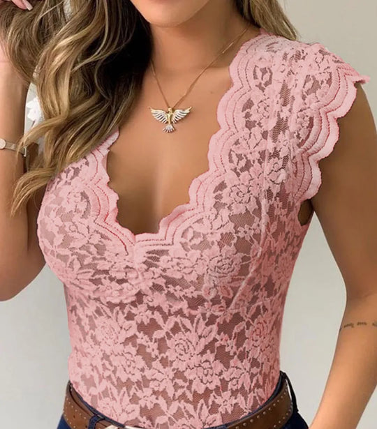 Women's Floral Lace V-Neck Bodysuit Blouse