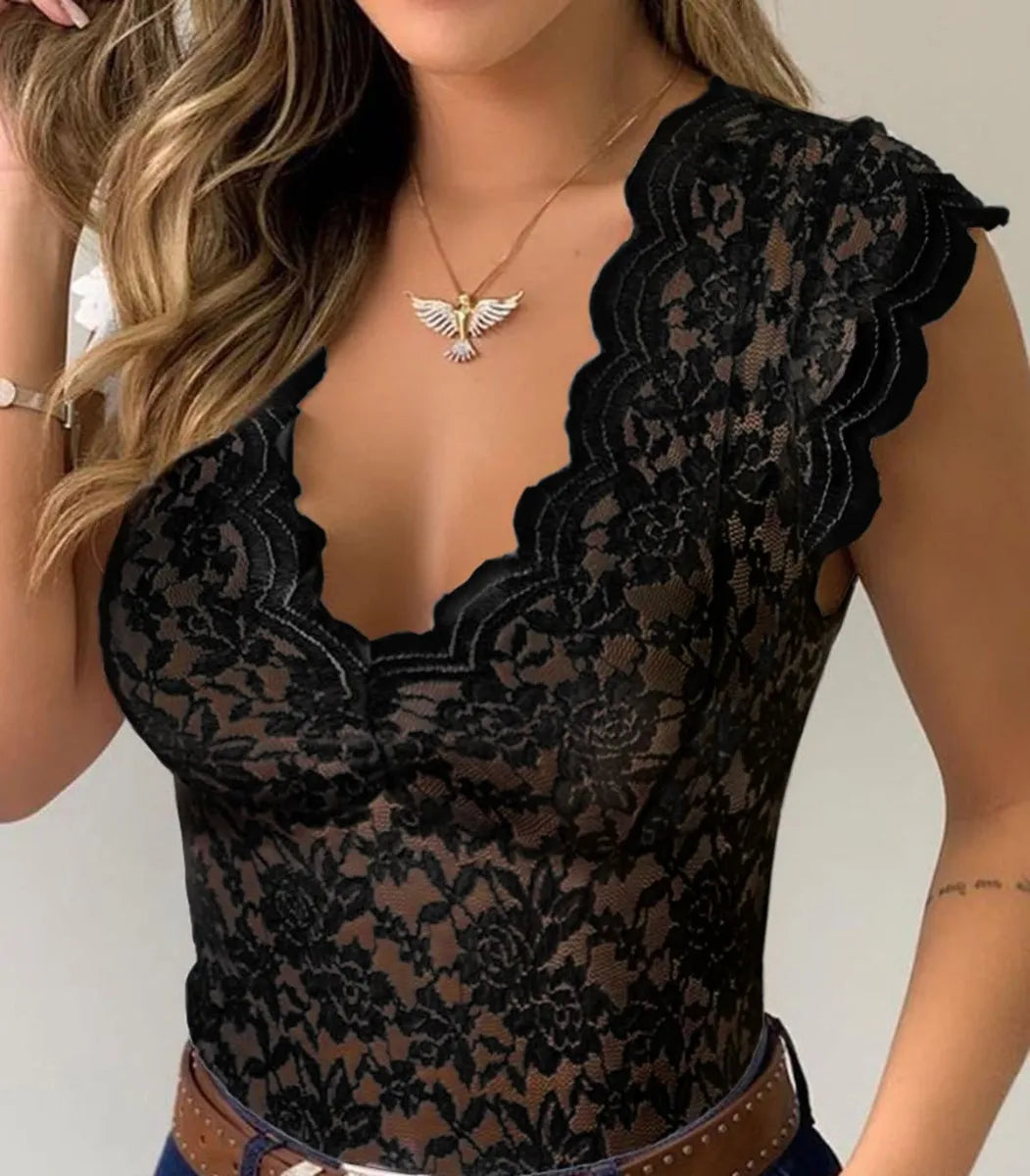 Women's Floral Lace V-Neck Bodysuit Blouse