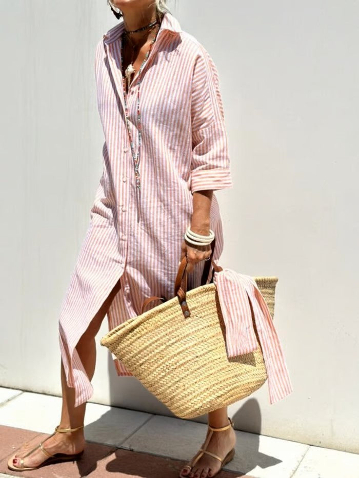 Women's Striped Button Front Shirt Midi Dress