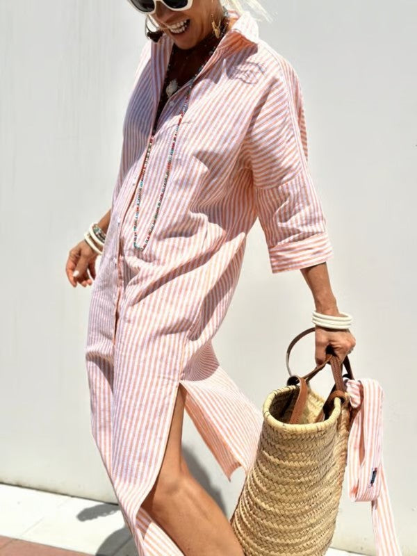 Women's Striped Button Front Shirt Midi Dress