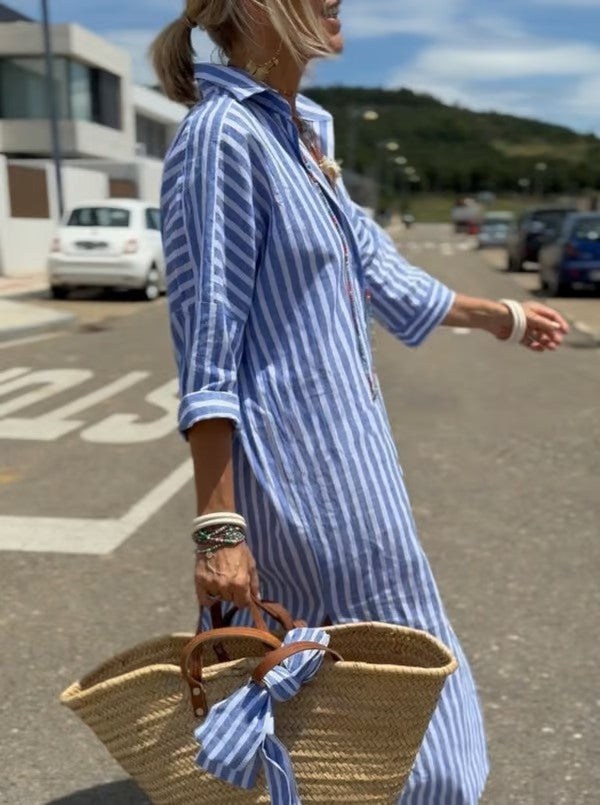 Women's Striped Button Front Shirt Midi Dress