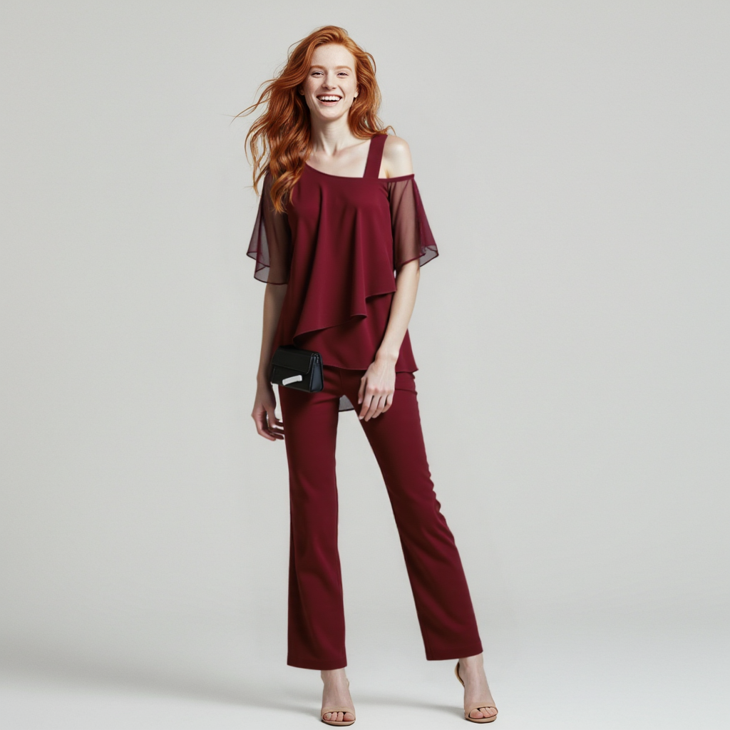 Women's Chiffon Overlay Two-Piece Pant Set