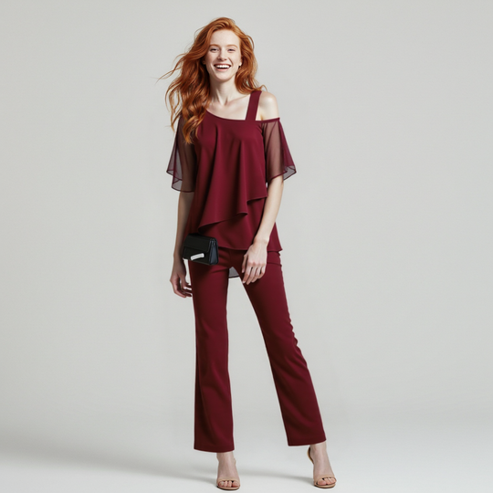 Women's Chiffon Overlay Two-Piece Pant Set
