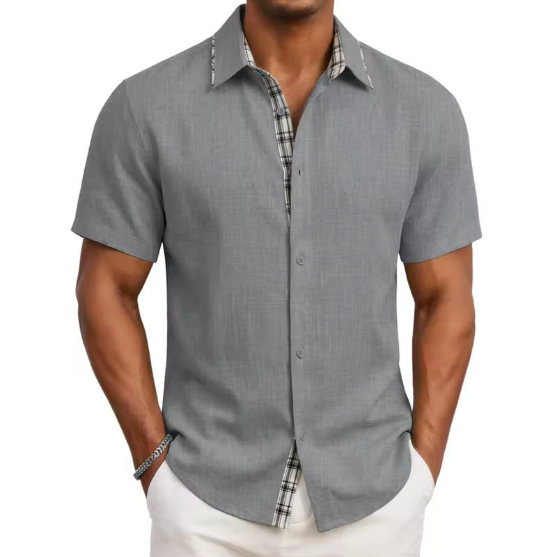 Men's Casual Short Sleeve Button-Up Shirt with Plaid Trim