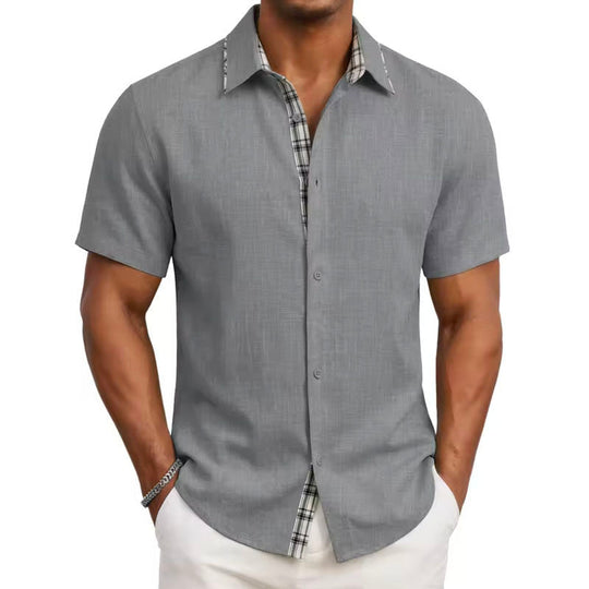 Men's Casual Short Sleeve Button-Up Shirt with Plaid Trim