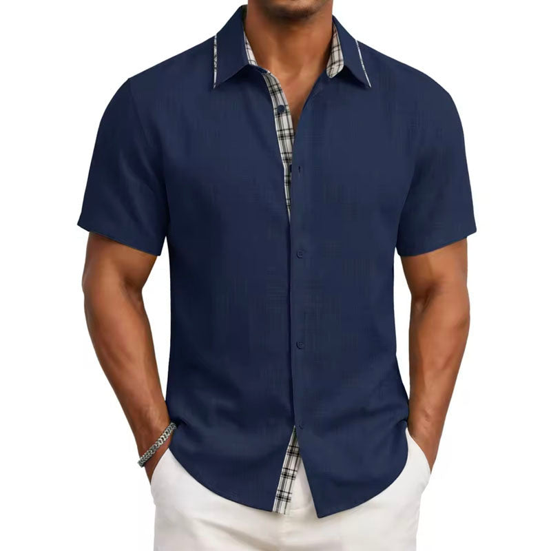 Men's Casual Short Sleeve Button-Up Shirt with Plaid Trim
