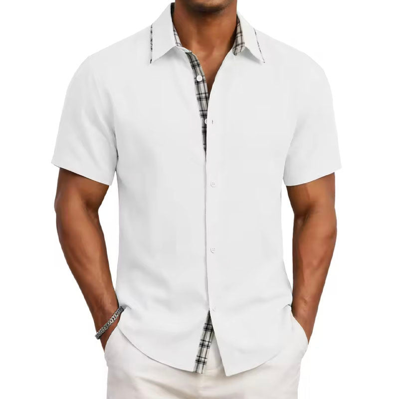Men's Casual Short Sleeve Button-Up Shirt with Plaid Trim