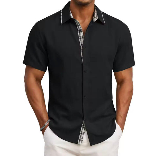 Men's Casual Short Sleeve Button-Up Shirt with Plaid Trim