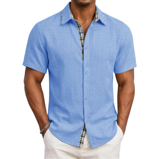 Men's Casual Short Sleeve Button-Up Shirt with Plaid Trim