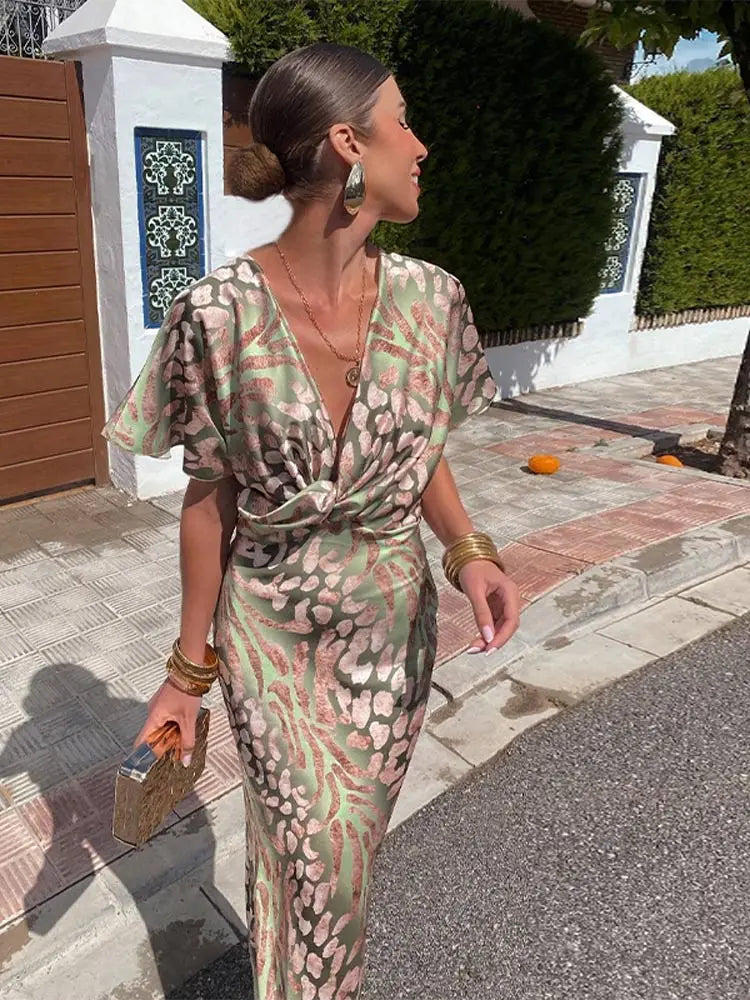 Women's Printed Twist Front Maxi Dress