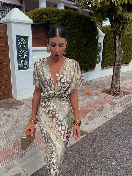 Women's Printed Twist Front Maxi Dress