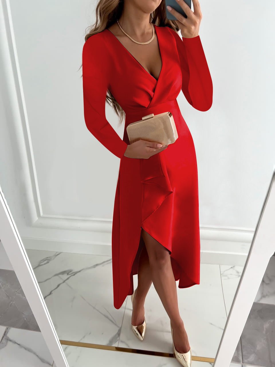 Women's Elegant Wrap V-Neck Midi Dress