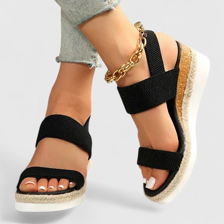 Damen Sandalen mit elastischem Riemen und Keilabsatz auf Plateau