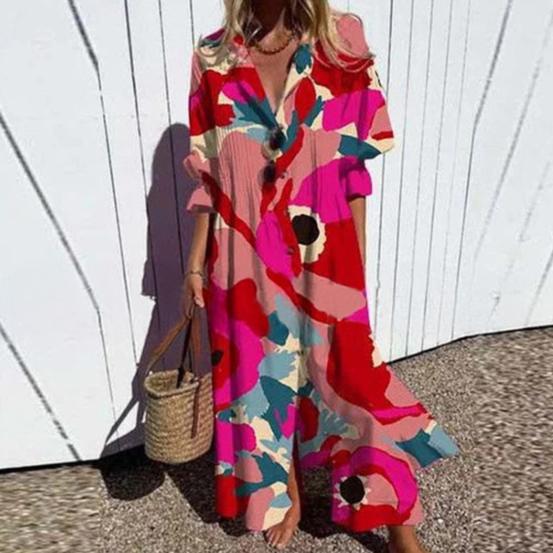 Women's Artistic Printed Button Front Maxi Shirt Dress
