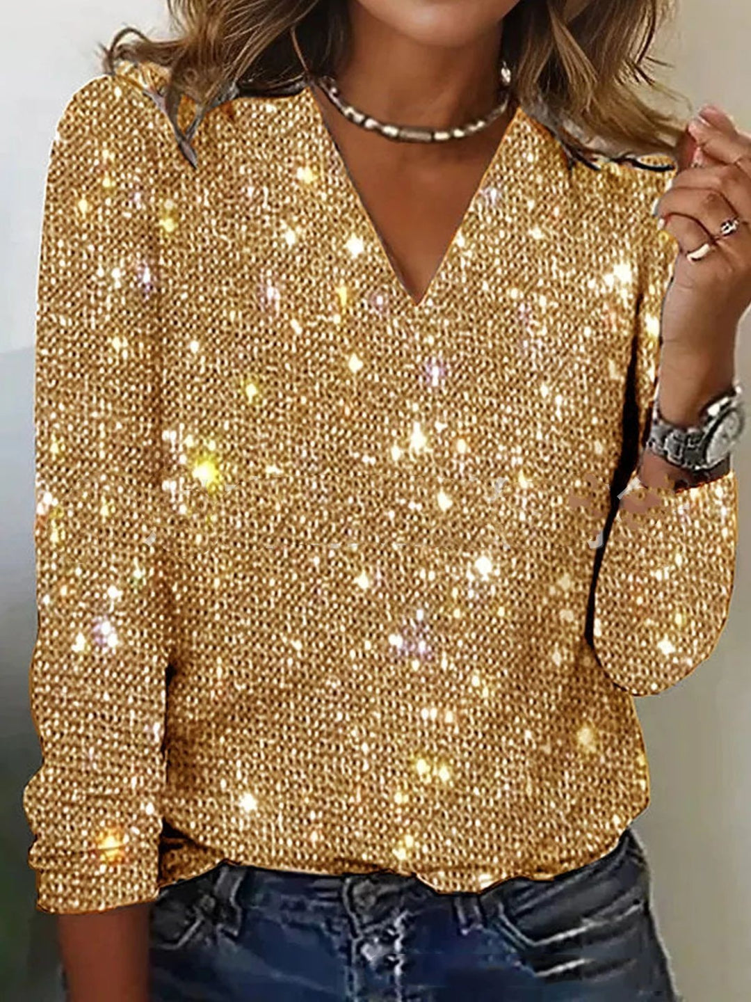 Women's Sparkle Print V-Neck Long Sleeve Blouse