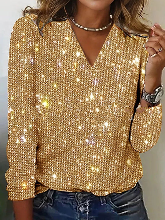 Women's Sparkle Print V-Neck Long Sleeve Blouse