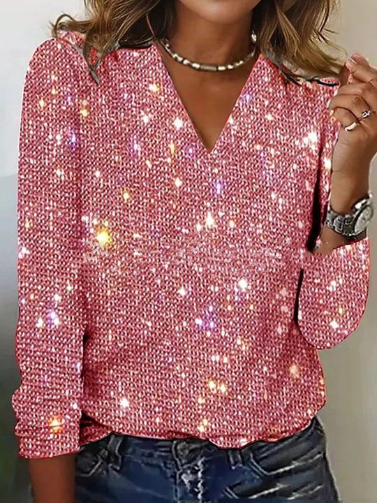 Women's Sparkle Print V-Neck Long Sleeve Blouse