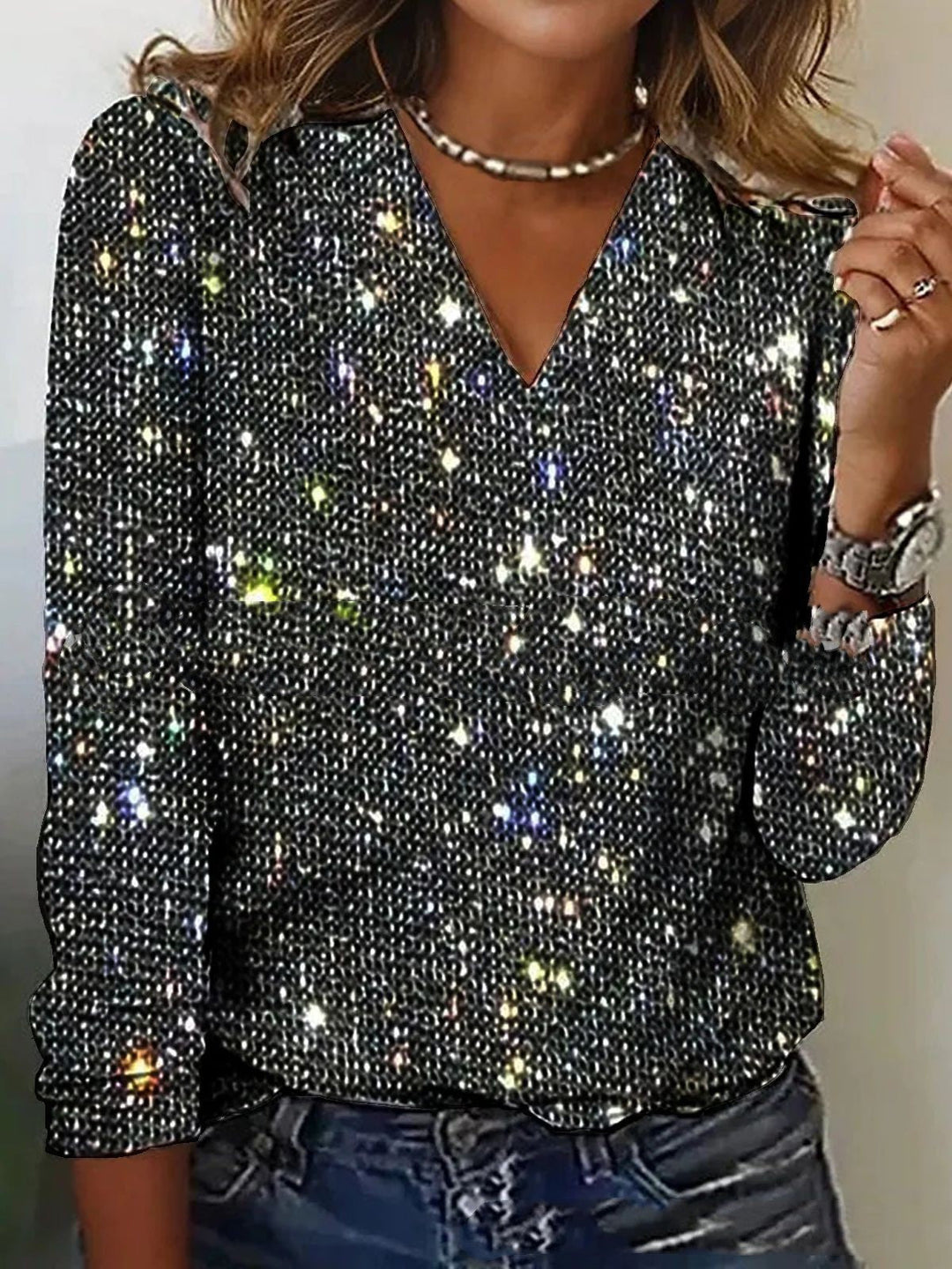 Women's Sparkle Print V-Neck Long Sleeve Blouse