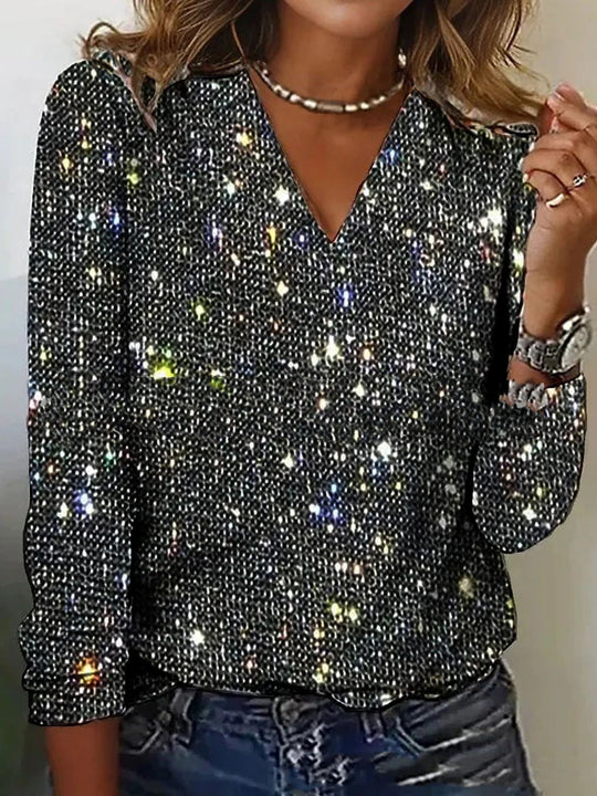 Women's Sparkle Print V-Neck Long Sleeve Blouse