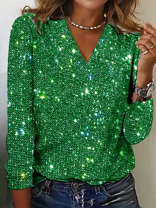 Women's Sparkle Print V-Neck Long Sleeve Blouse
