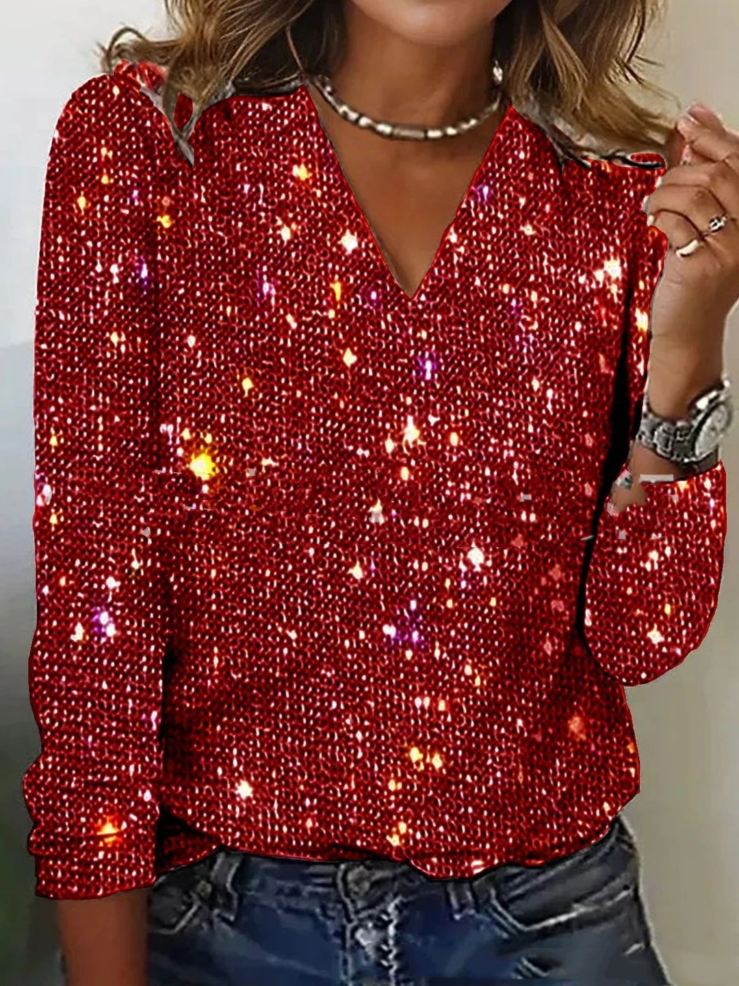 Women's Sparkle Print V-Neck Long Sleeve Blouse