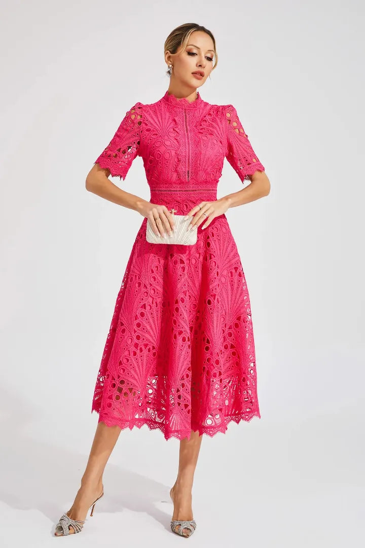 Women's Elegant Lace High Neck Midi Dress