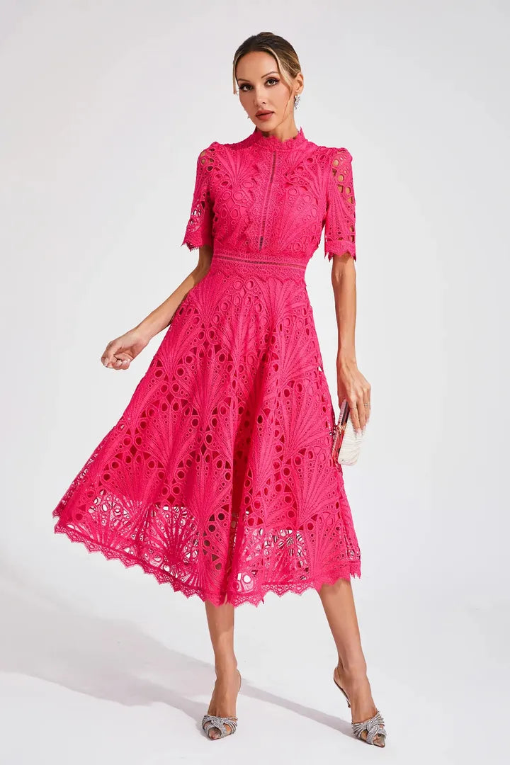 Women's Elegant Lace High Neck Midi Dress