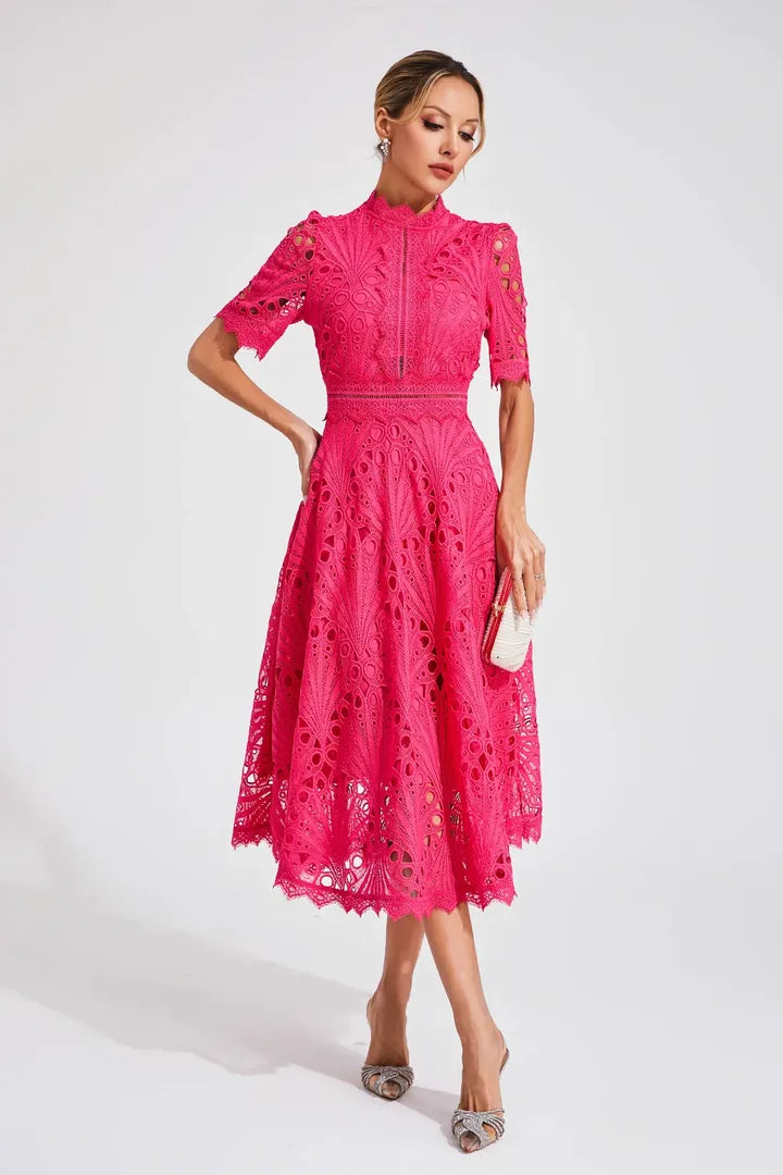 Women's Elegant Lace High Neck Midi Dress