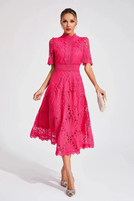 Women's Elegant Lace High Neck Midi Dress