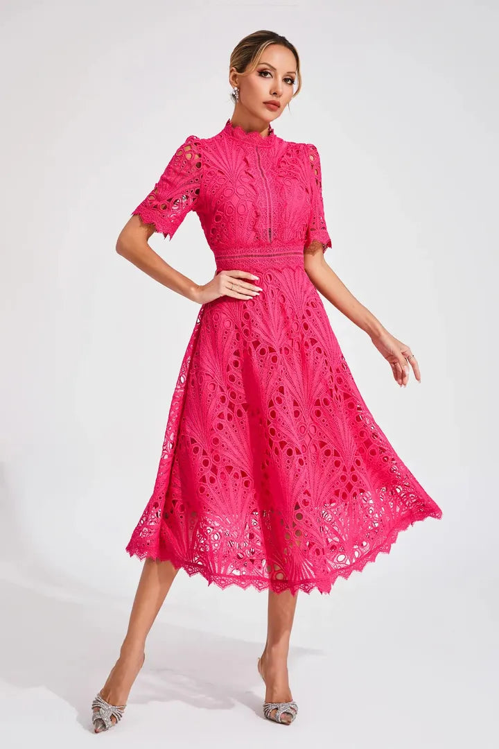 Women's Elegant Lace High Neck Midi Dress