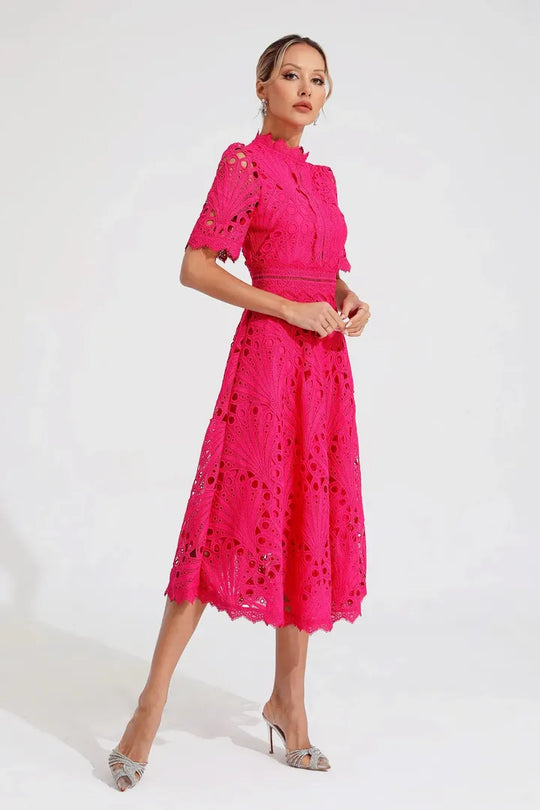Women's Elegant Lace High Neck Midi Dress