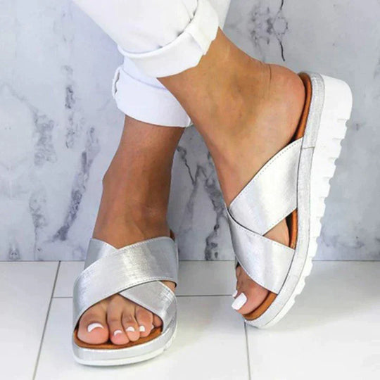 Women's Metallic Cross-Band Platform Slide Sandals