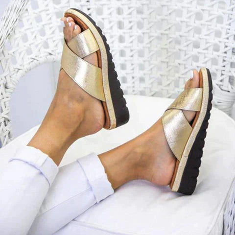 Women's Metallic Cross-Band Platform Slide Sandals