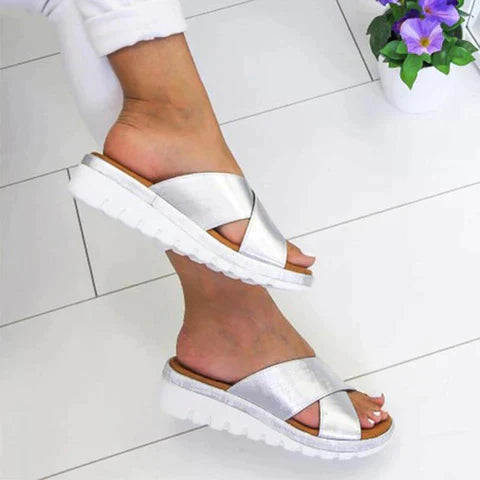 Women's Metallic Cross-Band Platform Slide Sandals