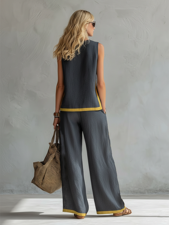 Women's Sleeveless Contrast Trim Top and Wide Leg Pants Set