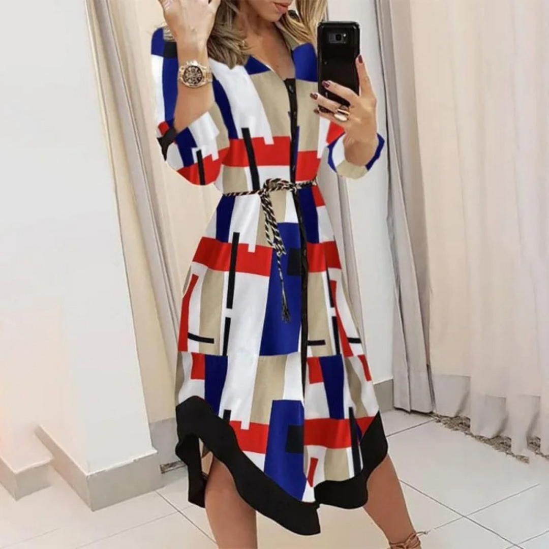 Women's Elegant Wrap Midi Shirt Dress with Tie Waist