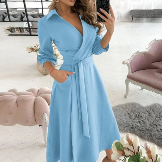 Women's Elegant Wrap Midi Shirt Dress with Tie Waist