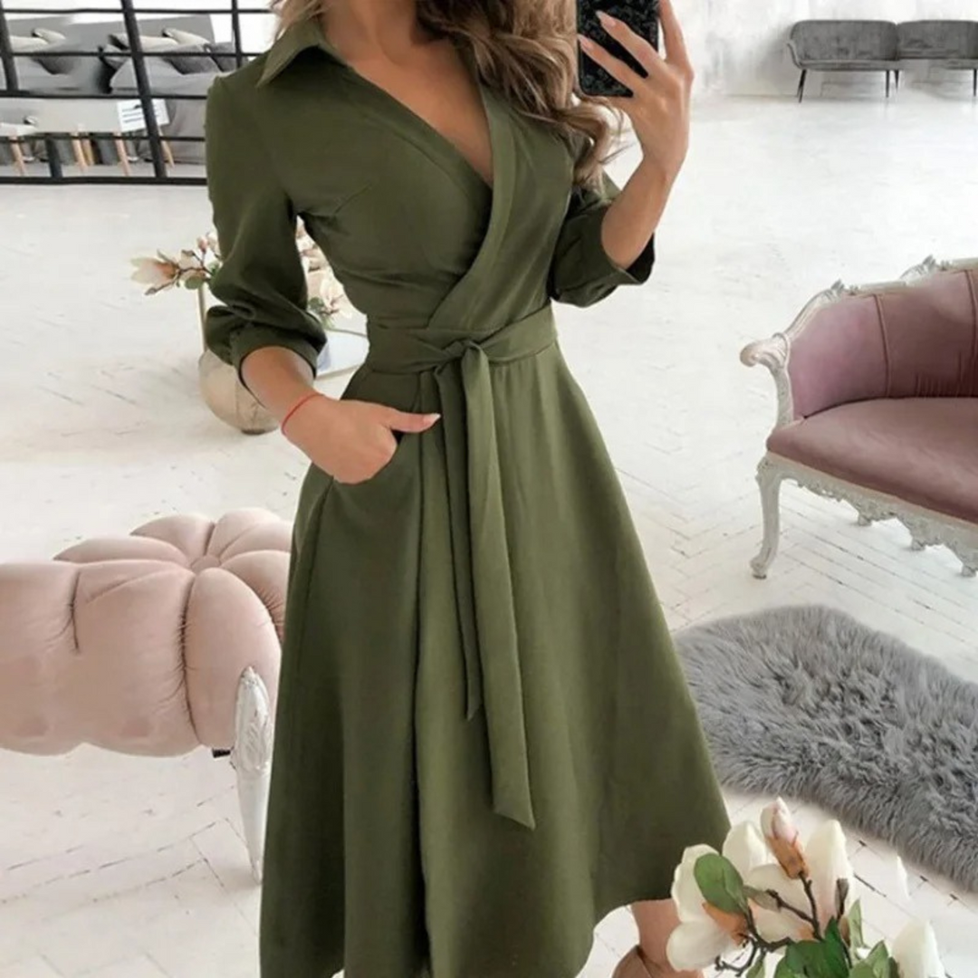 Women's Elegant Wrap Midi Shirt Dress with Tie Waist