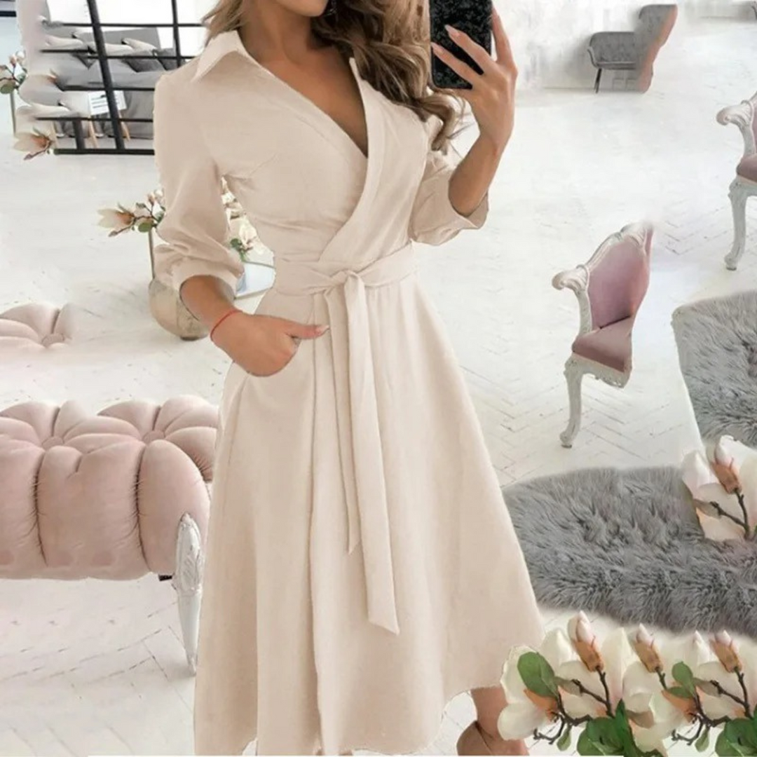 Women's Elegant Wrap Midi Shirt Dress with Tie Waist