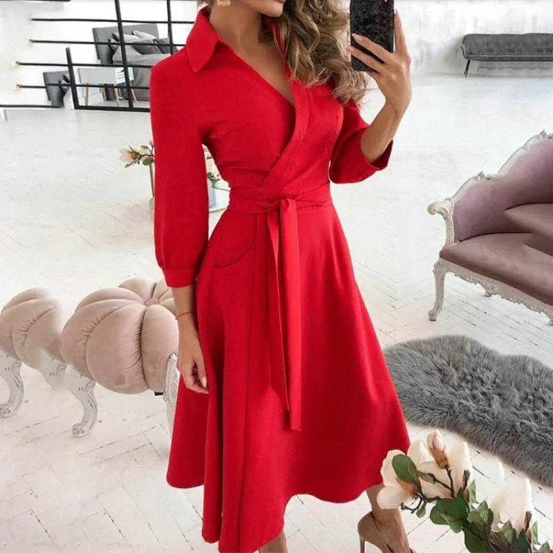 Women's Elegant Wrap Midi Shirt Dress with Tie Waist