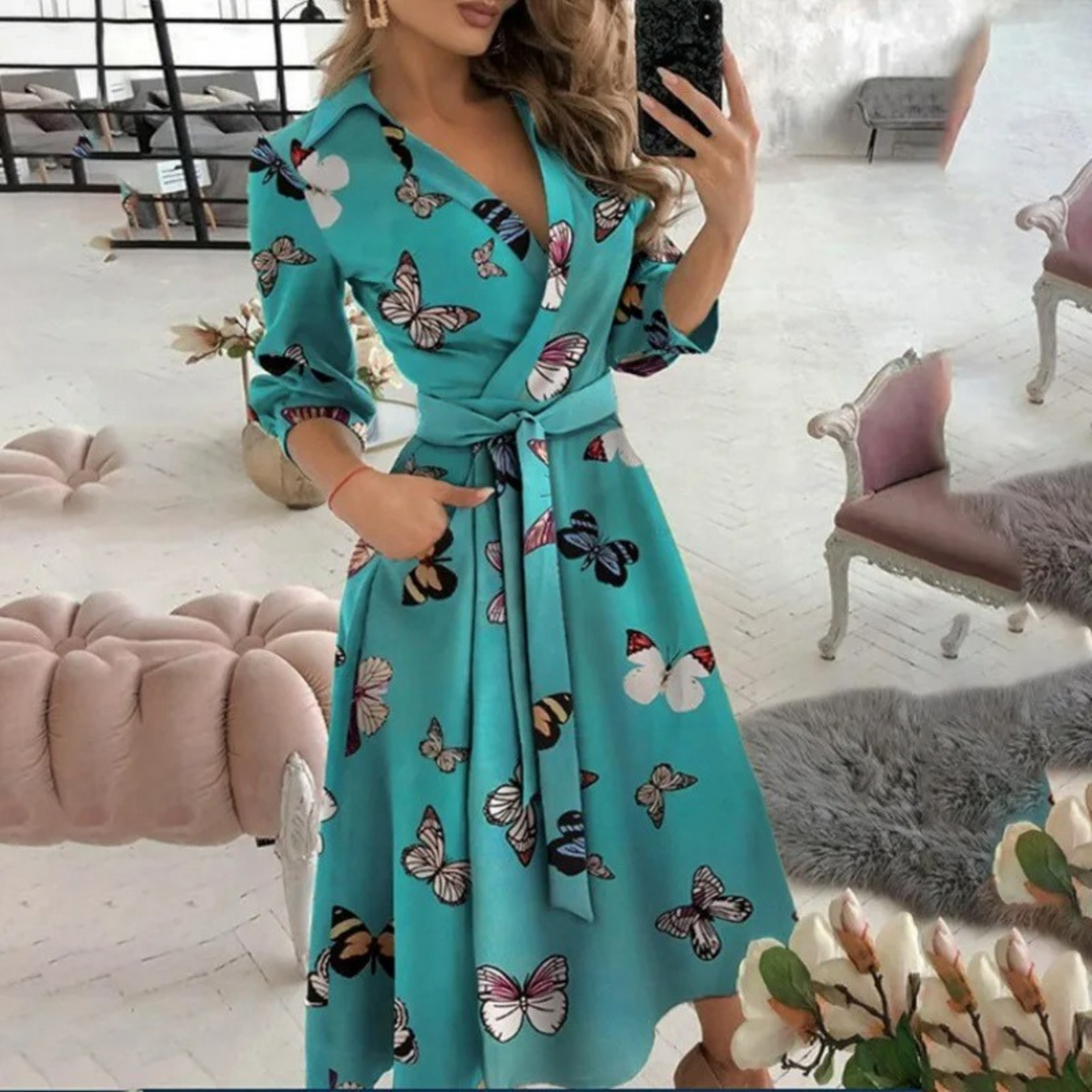 Women's Elegant Wrap Midi Shirt Dress with Tie Waist