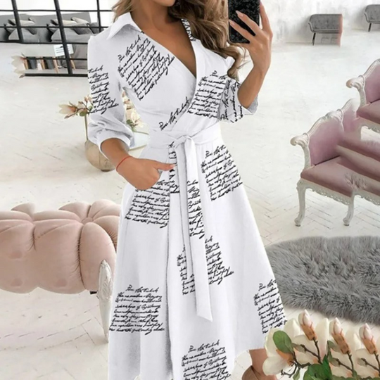 Women's Elegant Wrap Midi Shirt Dress with Tie Waist