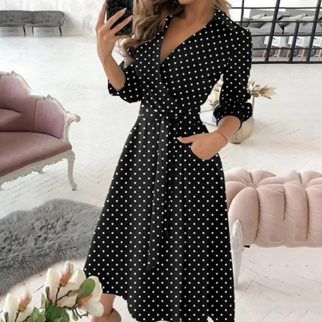 Women's Elegant Wrap Midi Shirt Dress with Tie Waist