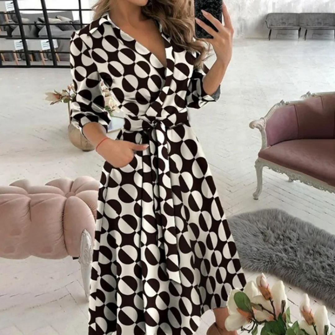 Women's Elegant Wrap Midi Shirt Dress with Tie Waist