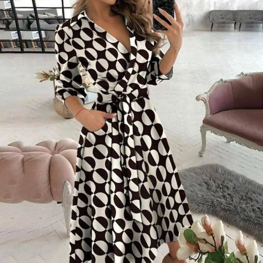 Women's Elegant Wrap Midi Shirt Dress with Tie Waist