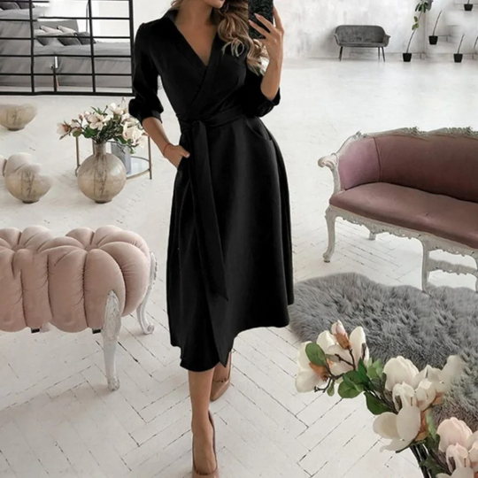 Women's Elegant Wrap Midi Shirt Dress with Tie Waist