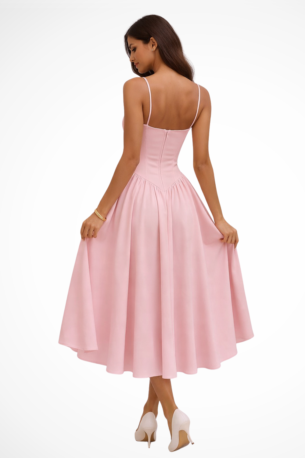Women's Vintage-Inspired Corset Midi Dress with Spaghetti Straps
