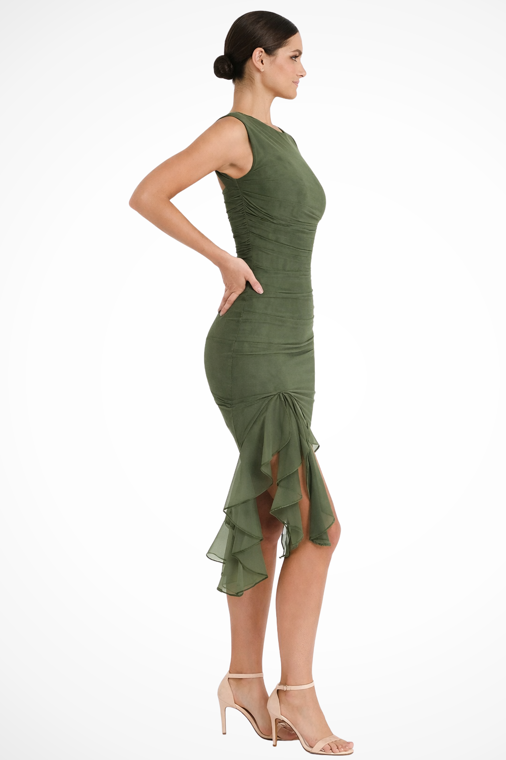 Women's Ruched Ruffle Hem Cocktail Midi Dress