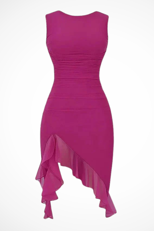 Women's Ruched Ruffle Hem Cocktail Midi Dress