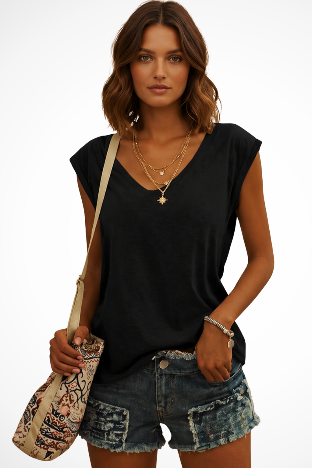 Damen T-Shirt mit lockerem Schnitt, V-Ausschnitt und kurzen Kappenärmeln